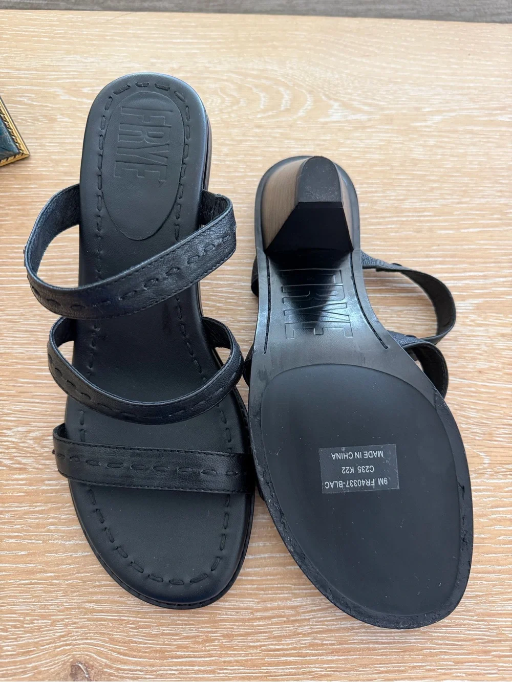FRYE AND CO. Black Triple-Strap Slide Sandals